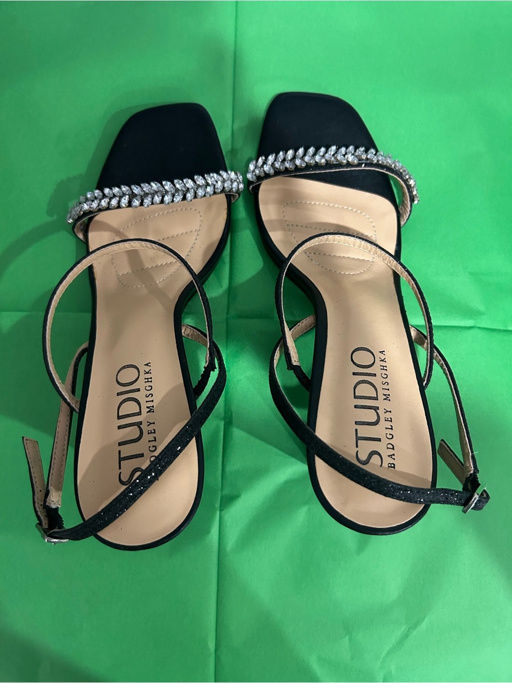 Badgley Mischka Black Crystal-Trim Strappy Heels